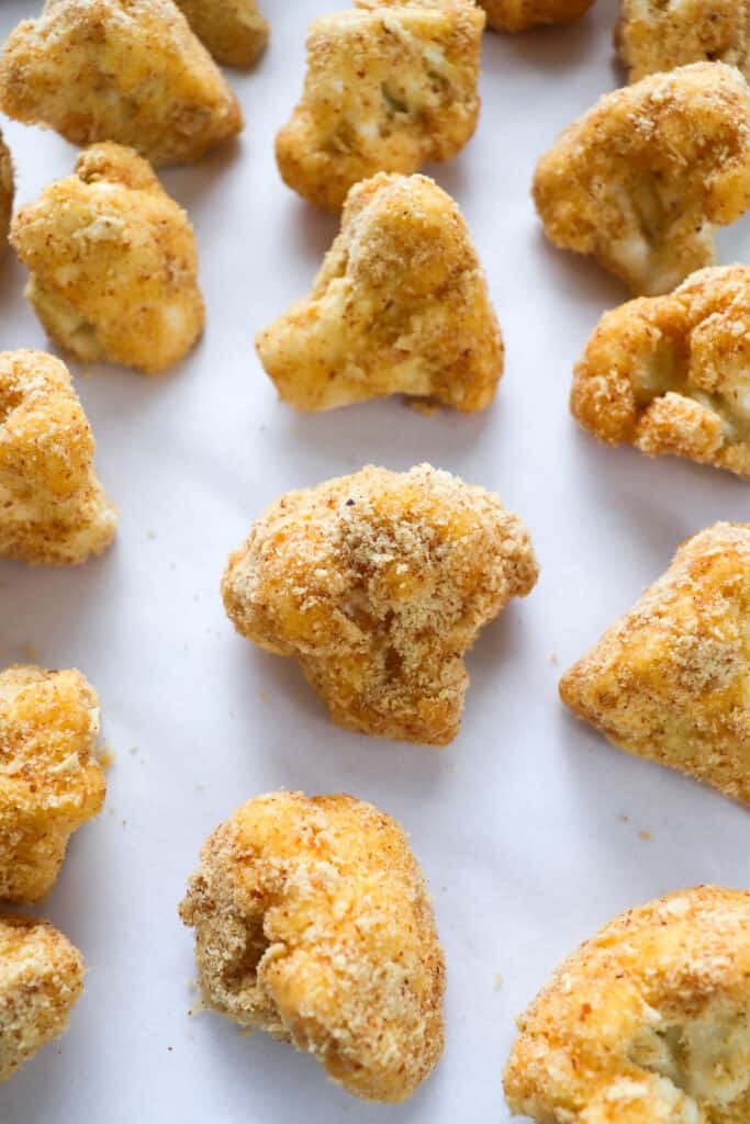 Cauliflower coated in breadcrumbs.