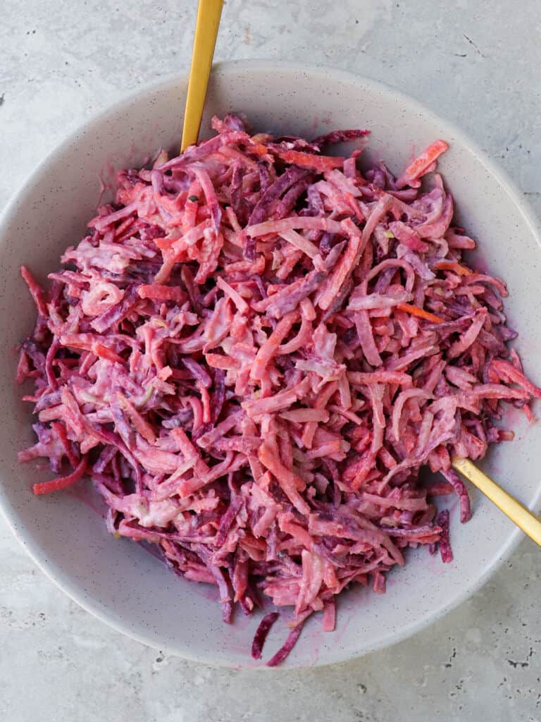Creamy slaw in bowl.