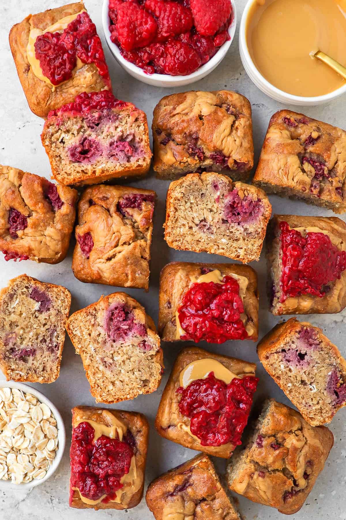 Sliced up peanut butter and jelly banana bread.