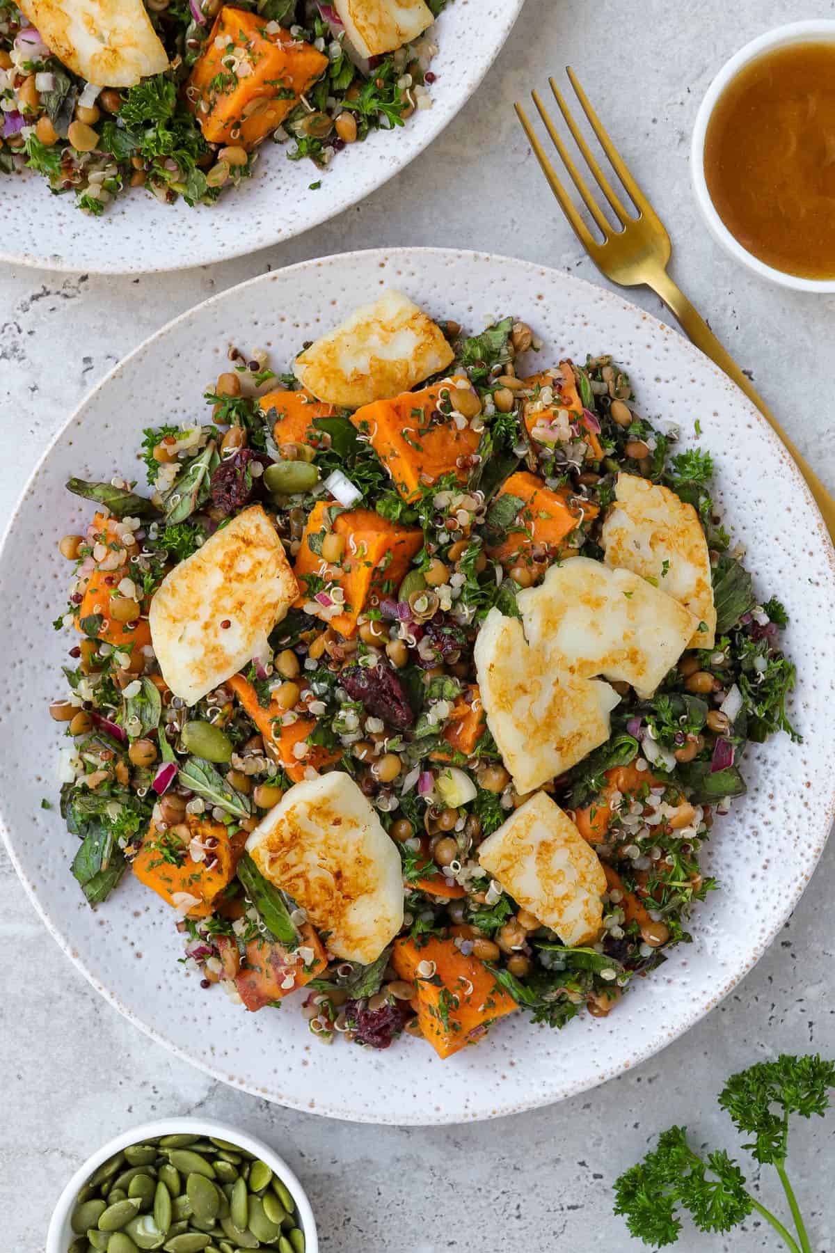 Halloumi salad on plate with fork on the side.