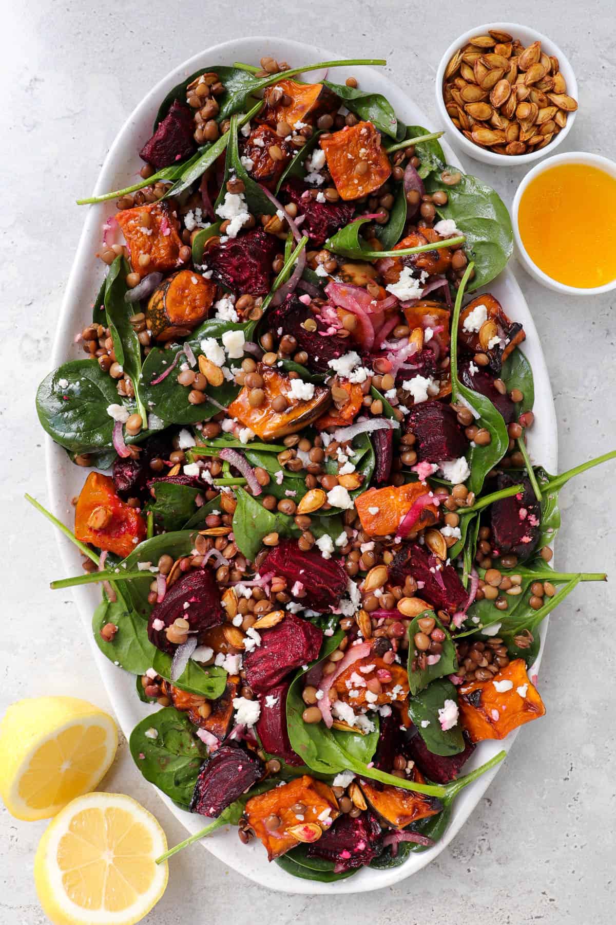 Salad mixed together on platter.