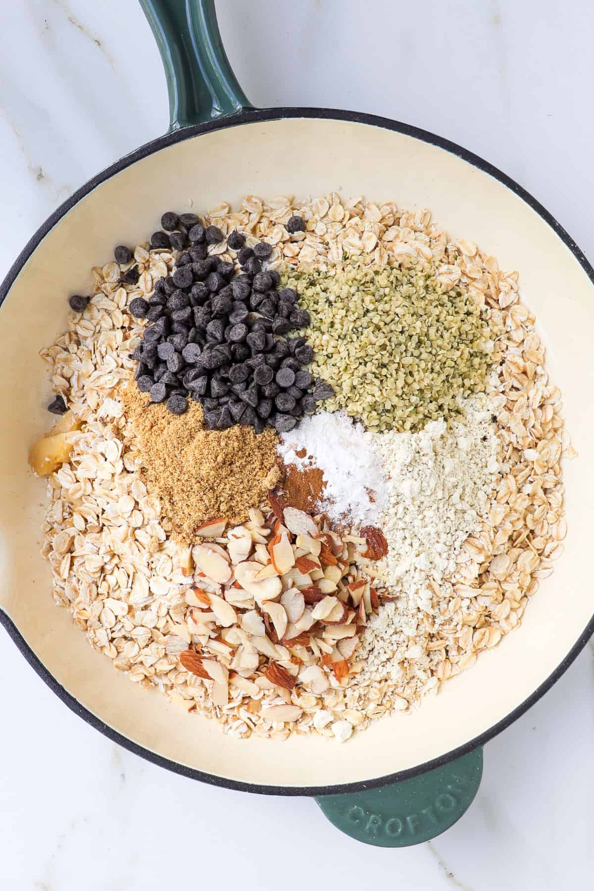 Dry ingredients added to the pan.