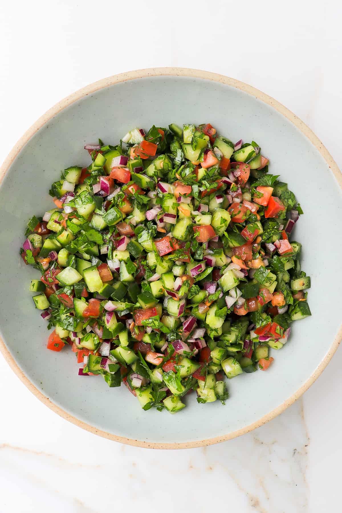 Jerusalem salad in a bowl.
