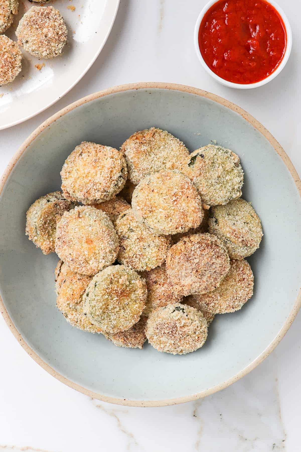 Air fried cucumbers in a bowl.