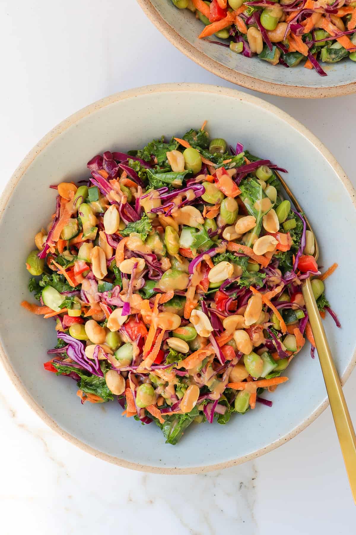 Edamame salad in bowl with a gold fork.