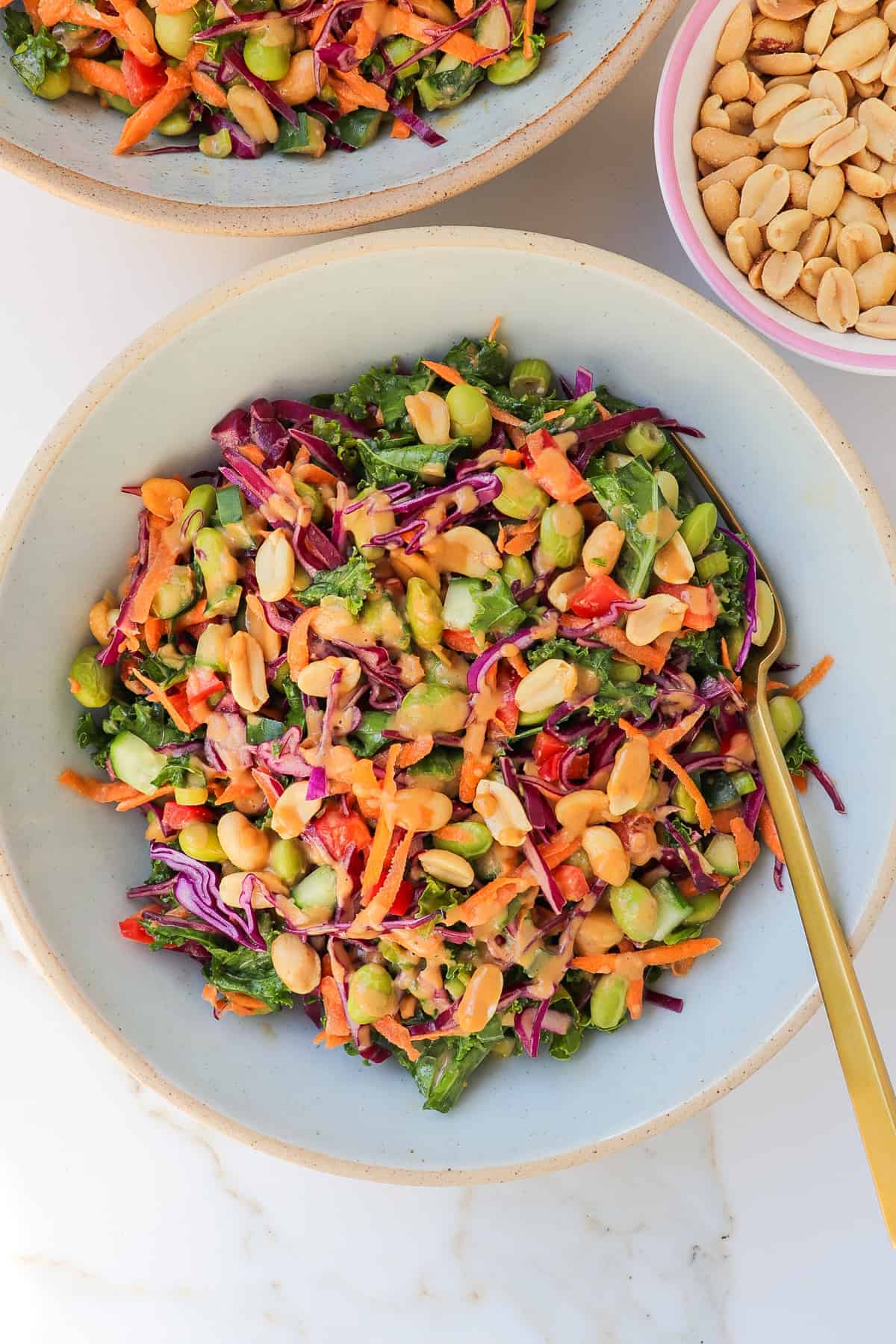 Edamame salad in bowl with a gold fork. Peanuts in a small pink bowl on the side.
