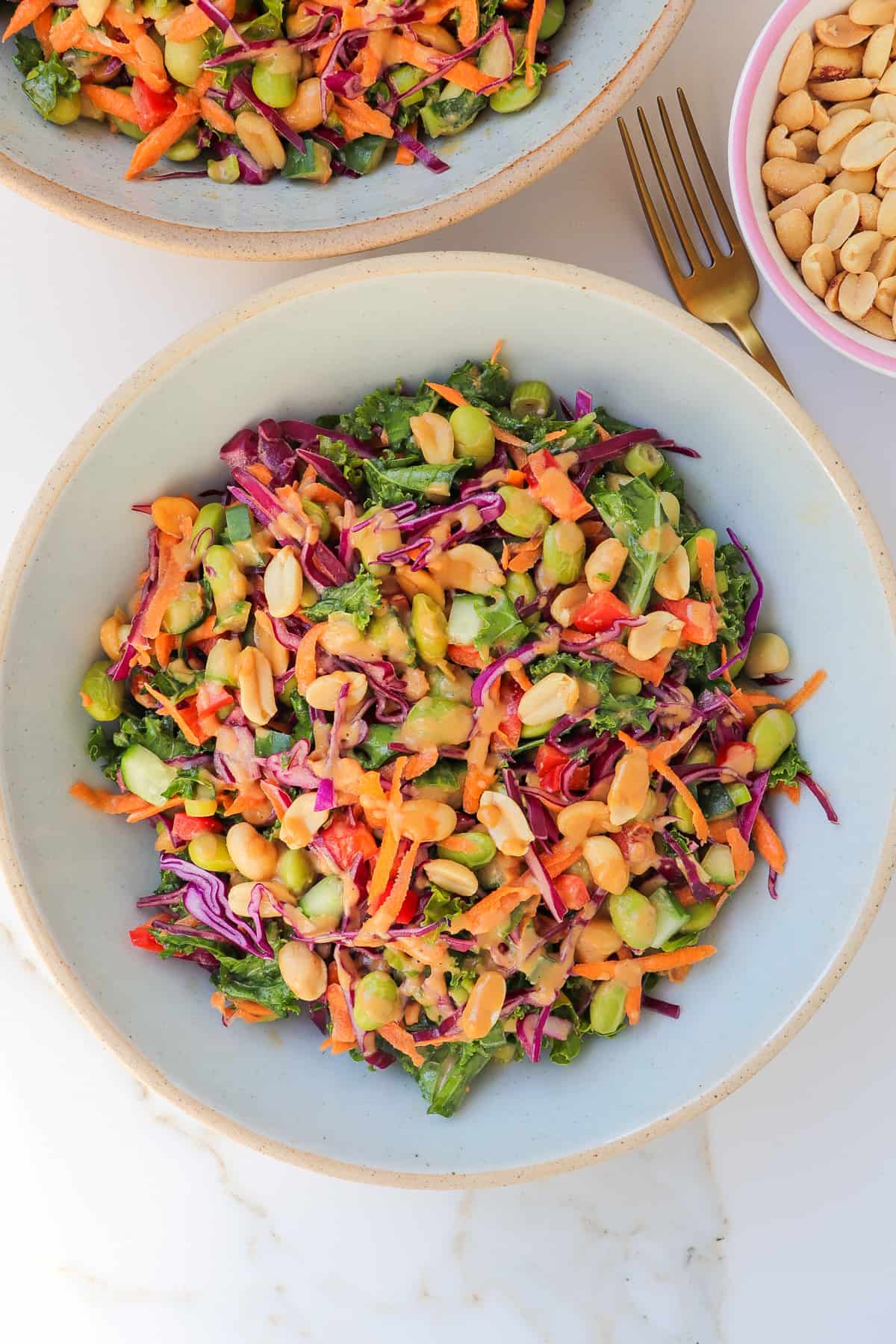 Edamame crunch salad in two bowls with a gold fork and peanuts in a small pink bowl on the side.