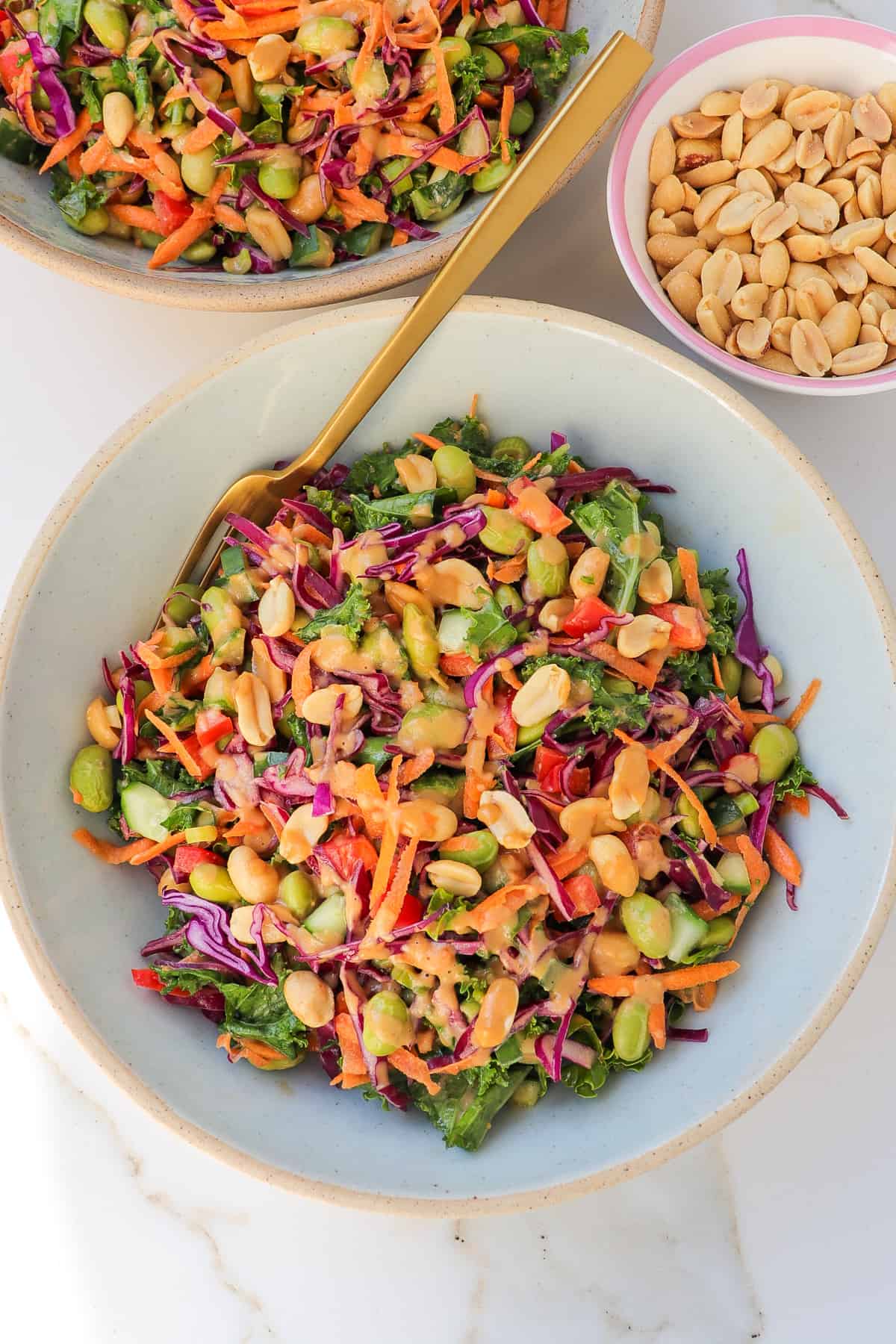 Edamame salad in bowl with a gold fork and peanuts in a small pink bowl on the side.