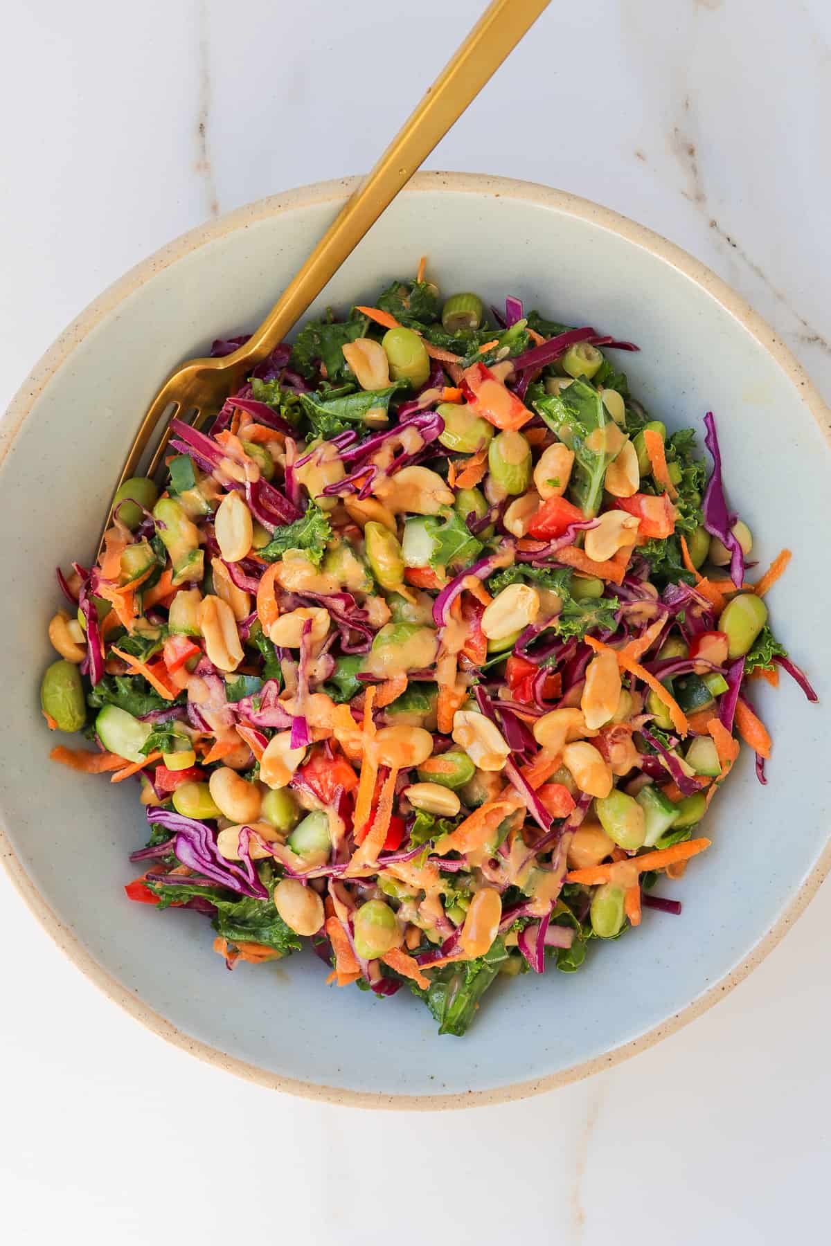 Edamame crunch salad in bowl with a gold fork.