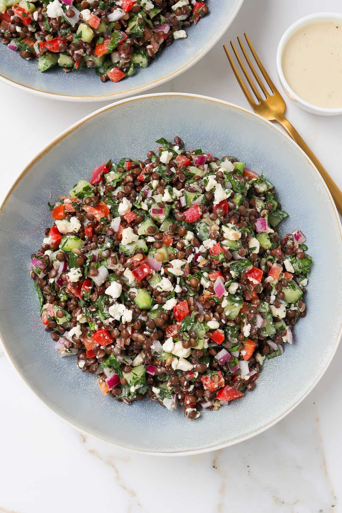 Black lentil salad in a bowl with a gold fork on the side.