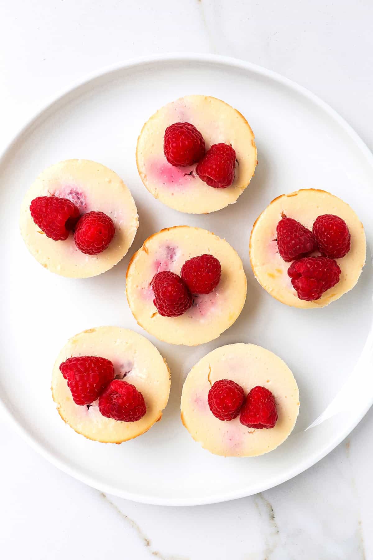 Six cheesecakes on a white plate.