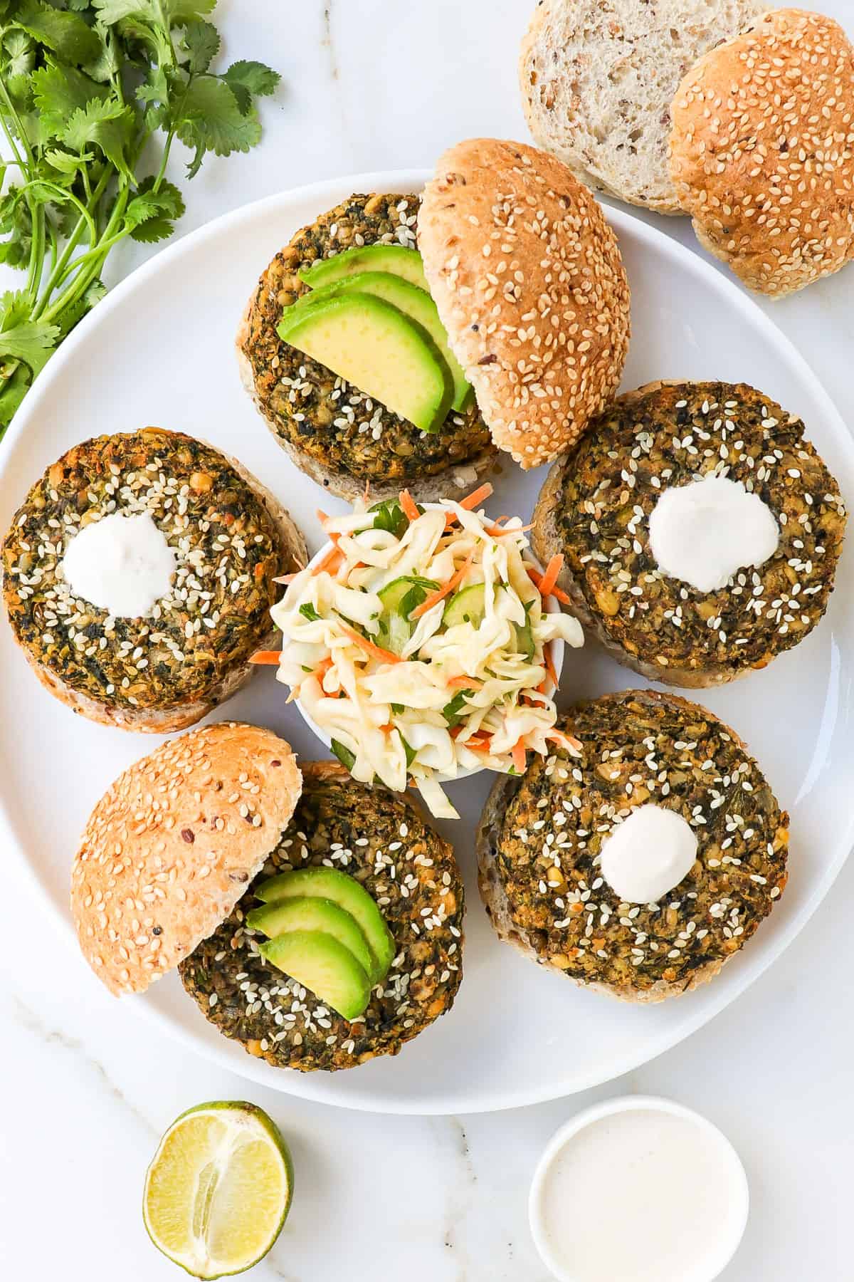 Mung bean burgers made up on a plate.