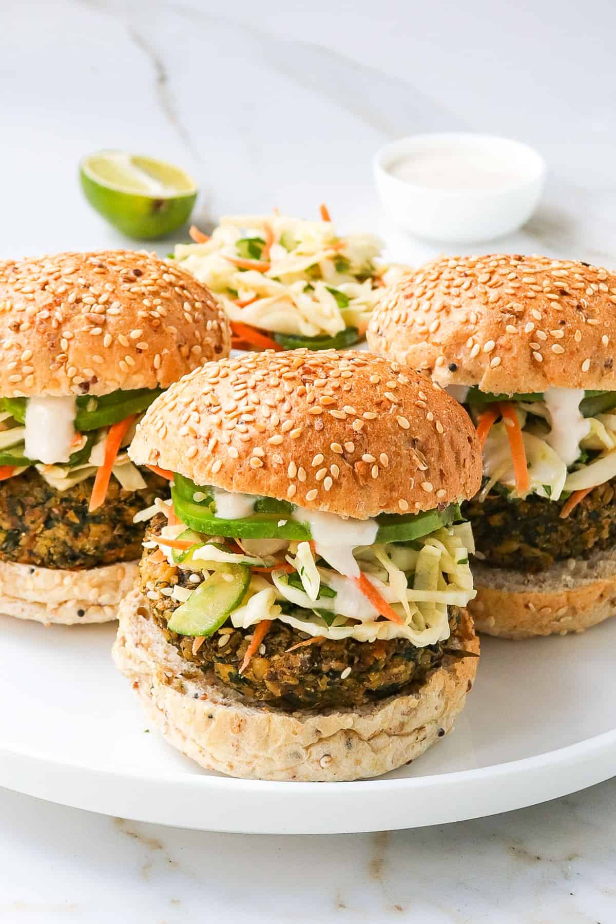 Side shot of veggie burger bread rolls.