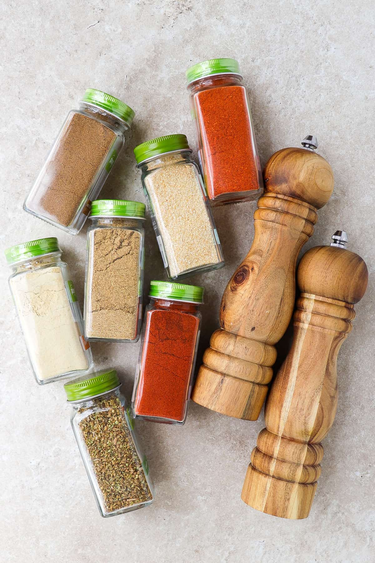 Ingredients shown to make chicken taco seasoning.