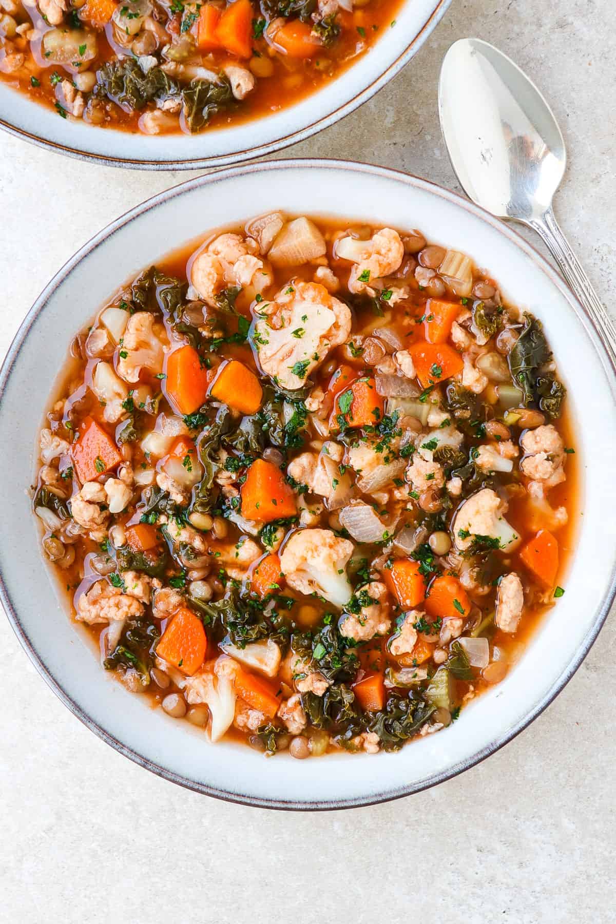 Turkey lentil soup in a bowl with a spoon on the side.