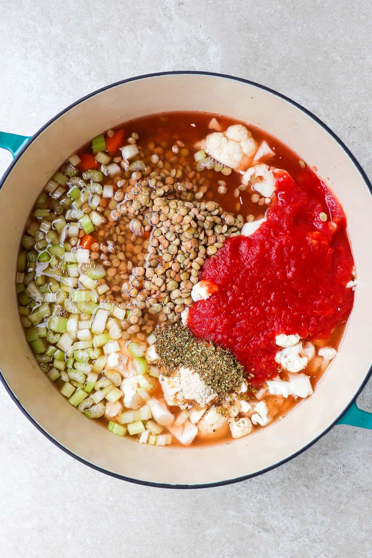 Everything in a large pot before being simmered.