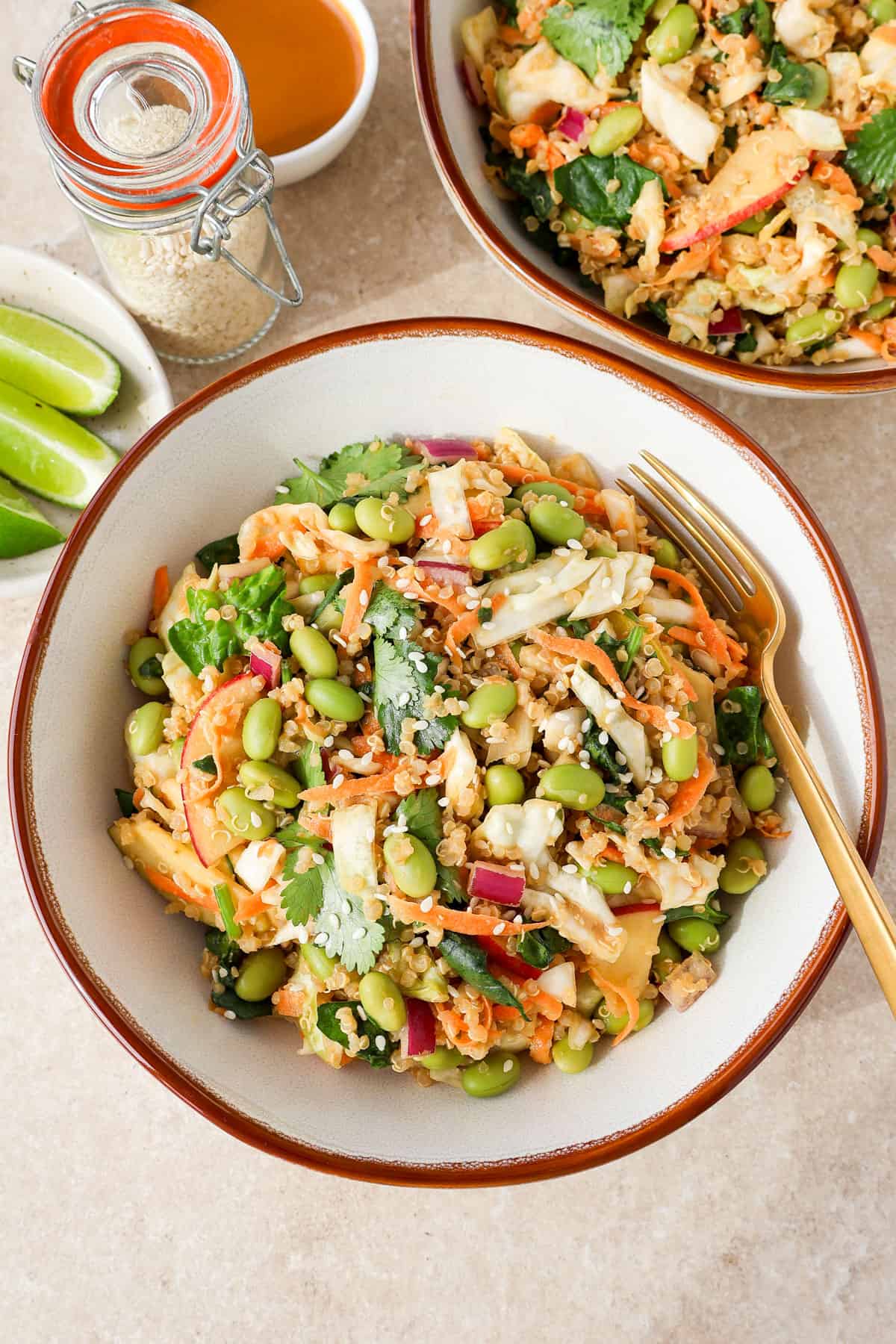 Side shot of quinoa salad in a bowl with a fork.