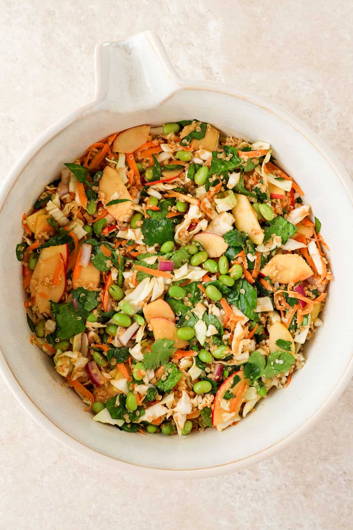 Salad mixed in a mixing bowl.