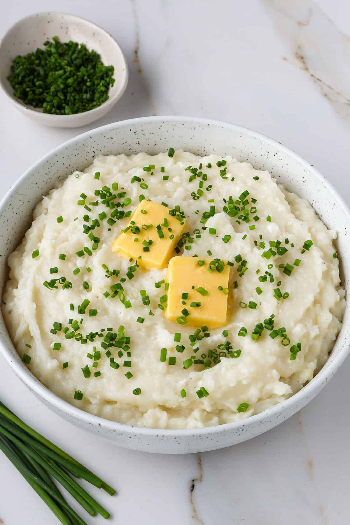 Side shot of cottage cheese mashed potatoes.