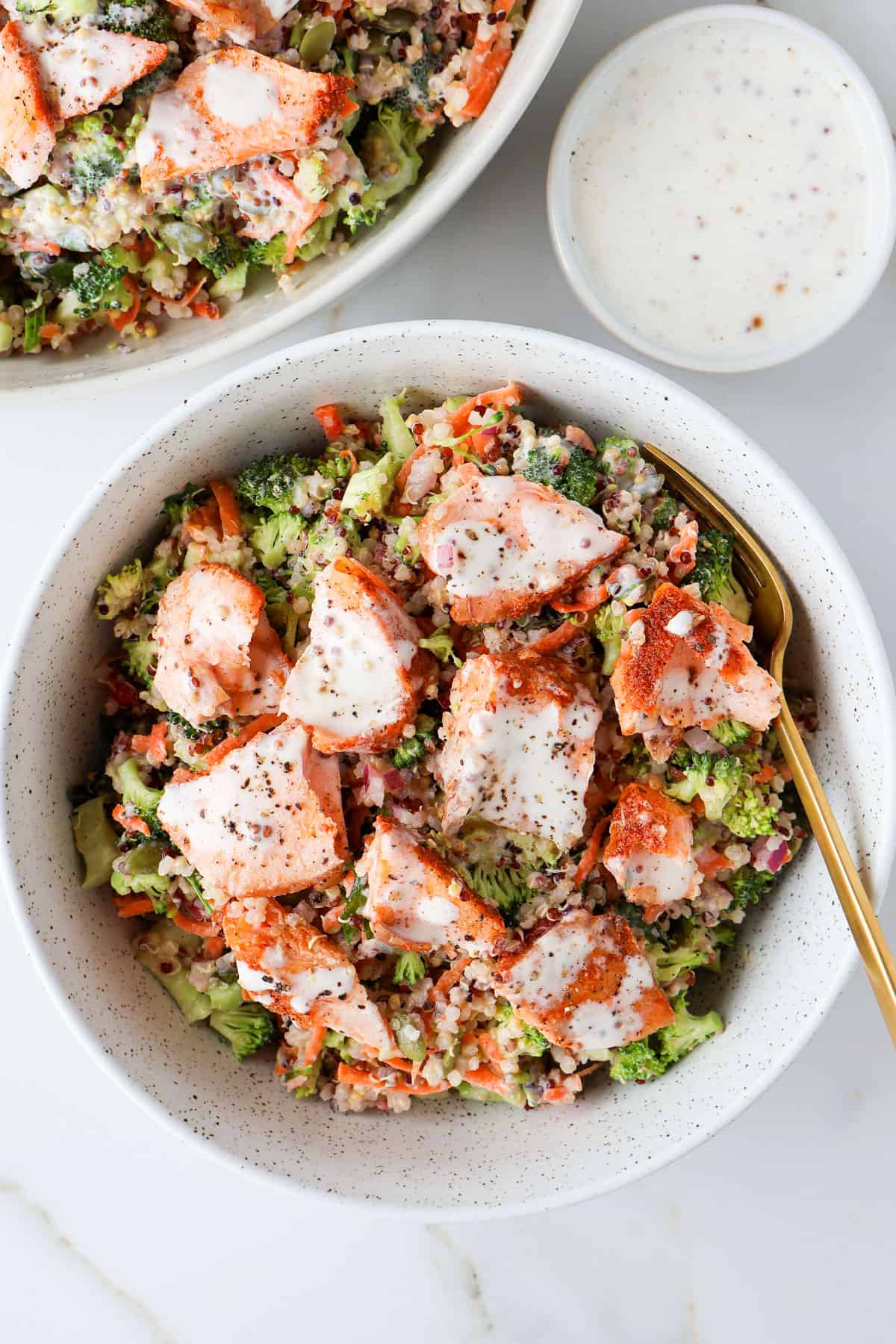 Salmon salad served in a bowl.