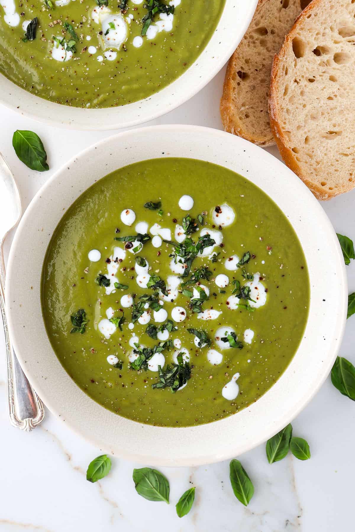 Broccoli pea soup in a bowl.