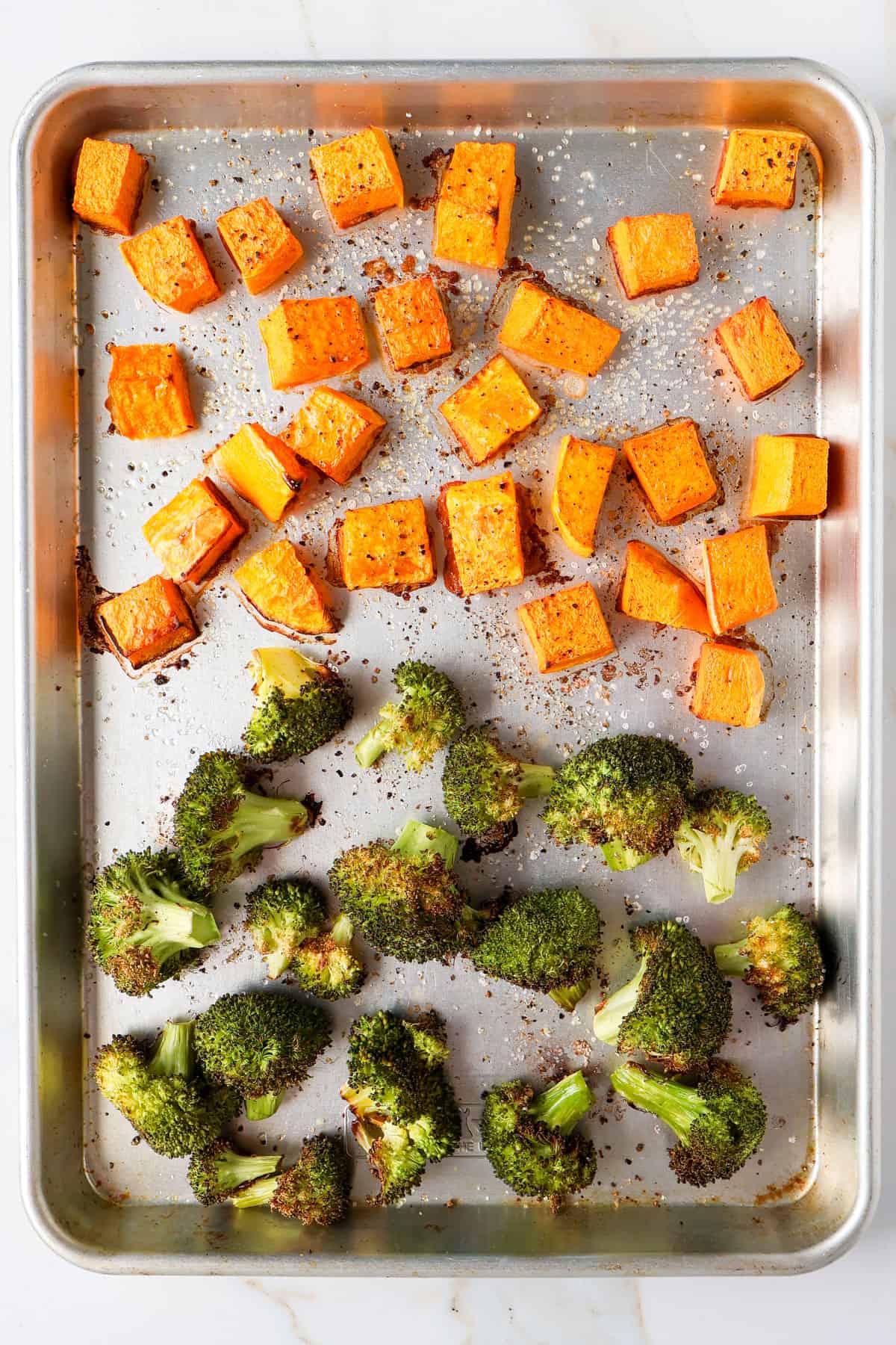 Roasted veggies on the sheet pan.