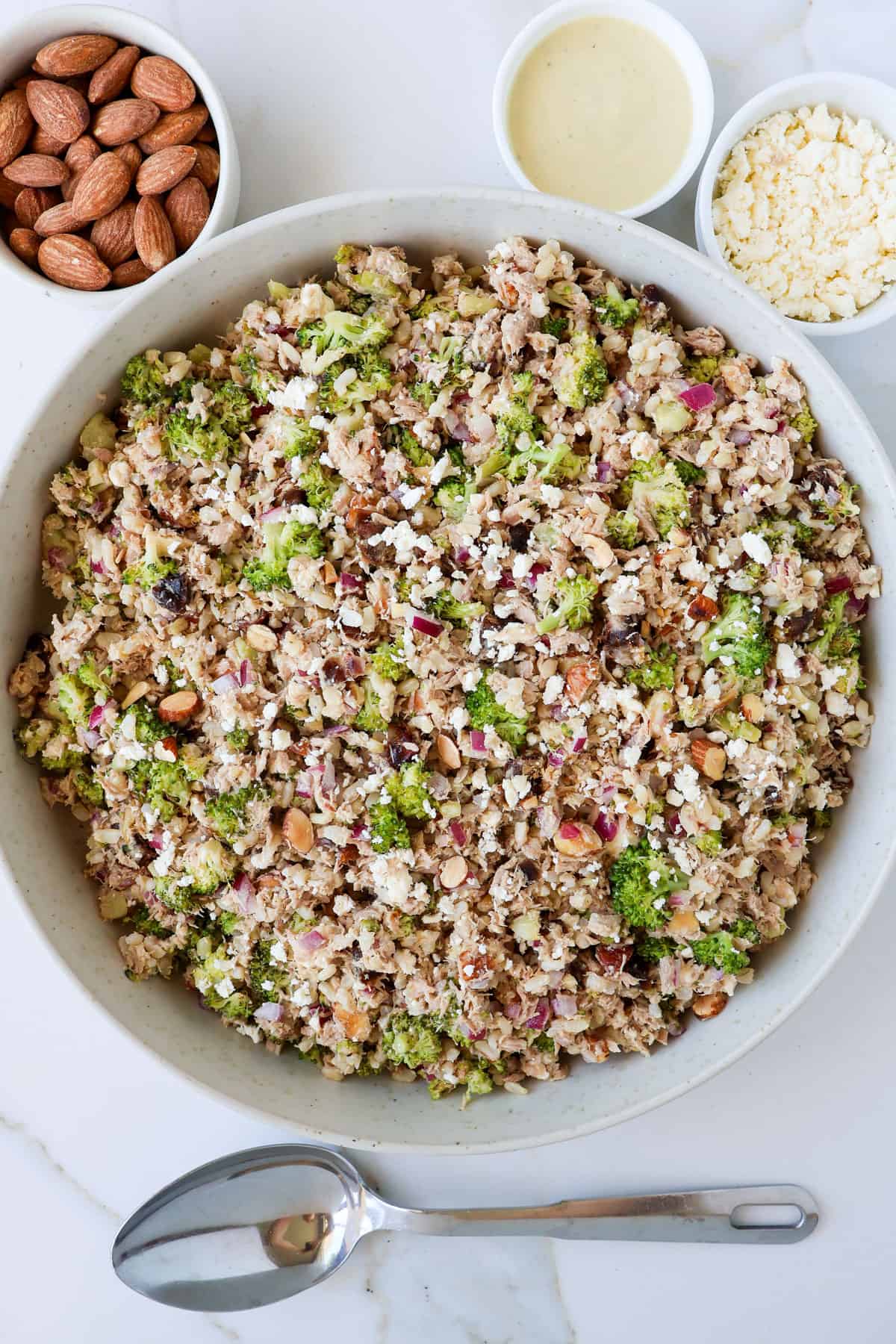 Broccoli tuna salad in a large bowl.