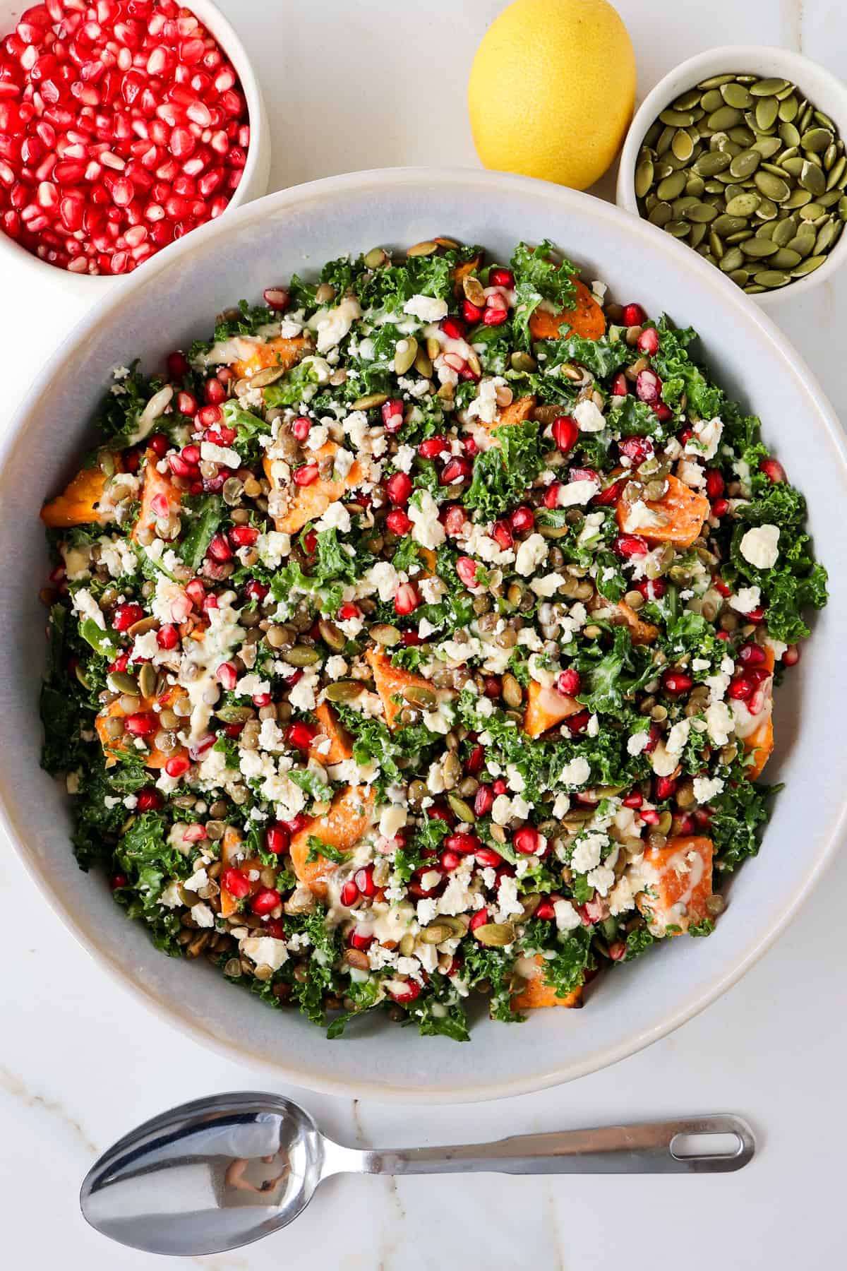 Kale and pomegranate salad in a bowl.